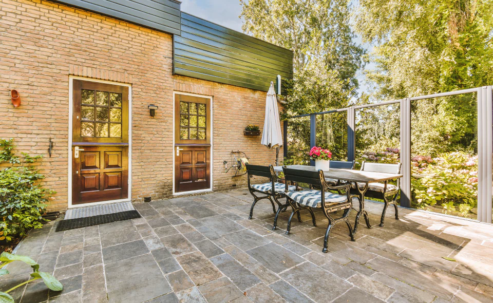 backyard concrete patio on a sunny day